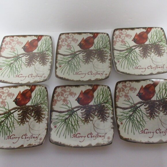 Carson SET OF 6-MERRY CHRISTMAS Cardinal on branch Dessert Salad Plates 6.5" - Picture 4 of 6